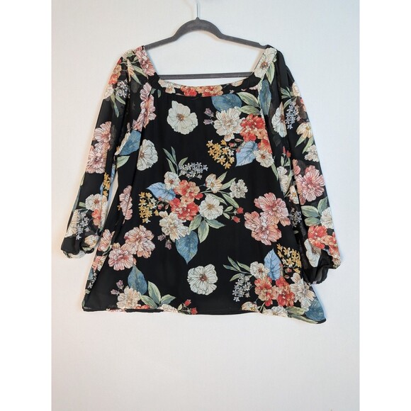 Papermoon Women's 1x Blouse Long Puff Elastic Sleeve Larie Black Floral Fix - Picture 5 of 10